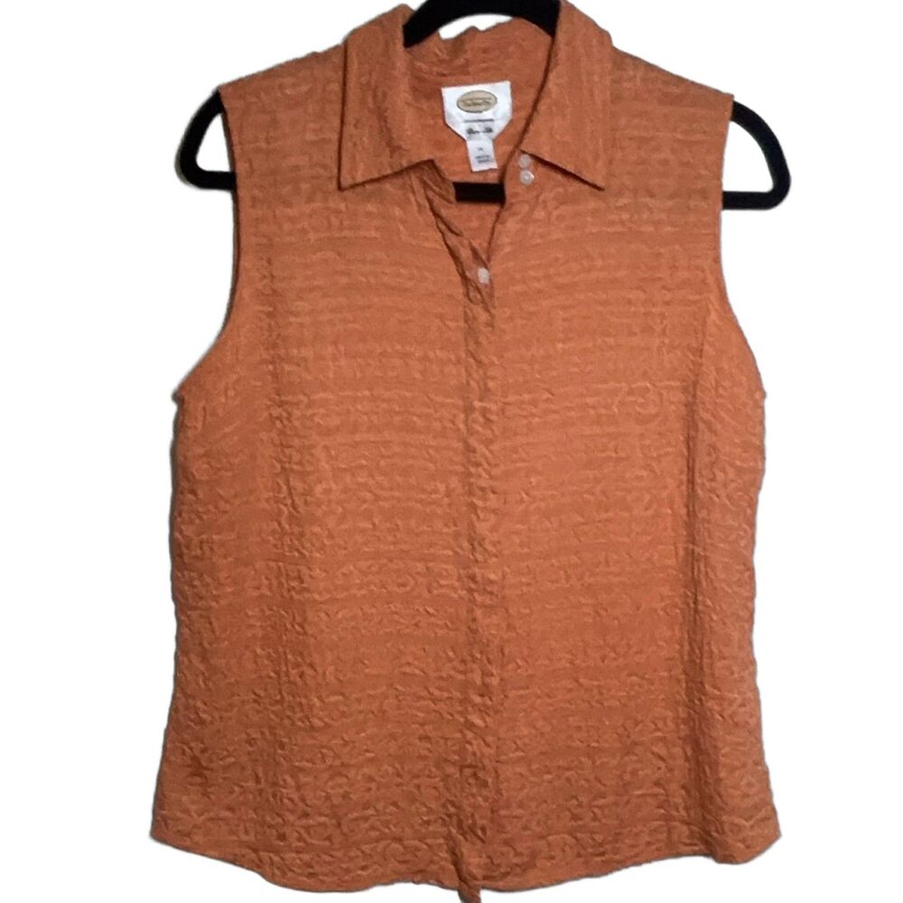Talbots Women's 14 Sleeveless Button Up Shirt Orange Silk Textured Jacquard